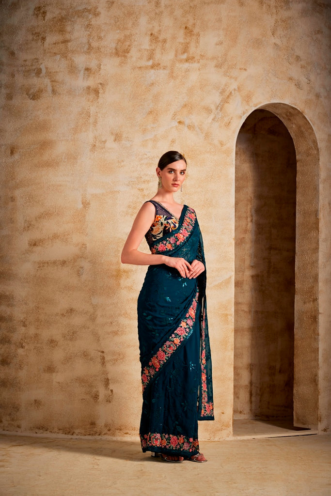 Neerus Blue Georgette Printed Saree - back view