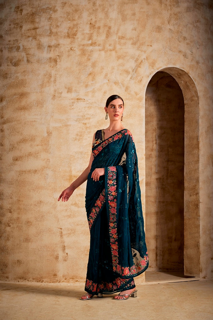 Neerus Blue Georgette Printed Saree - side view