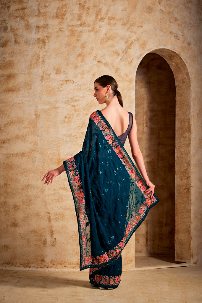 Neerus Blue Georgette Printed Saree - detail view 1