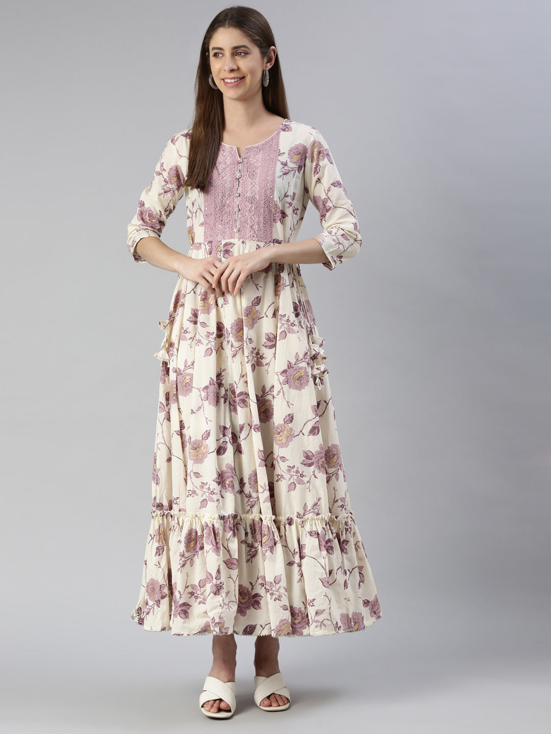 Neerus Purple printed maxi dress - front view