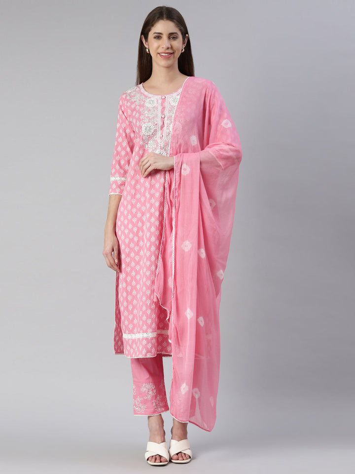 Neerus Pink cotton embroidered kurta set with trouser and dupatta - front view