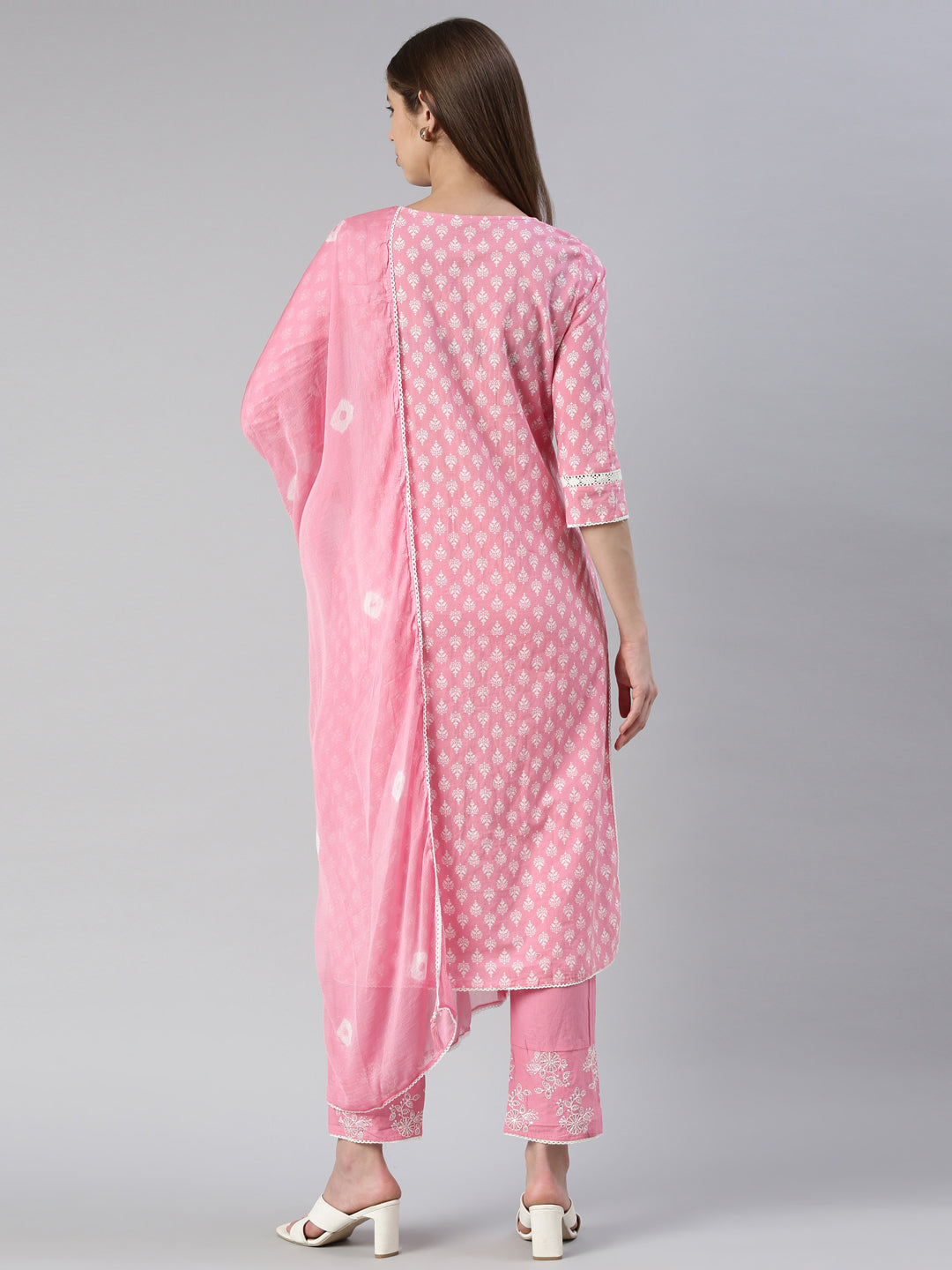 Neerus Pink cotton embroidered kurta set with trouser and dupatta - side view