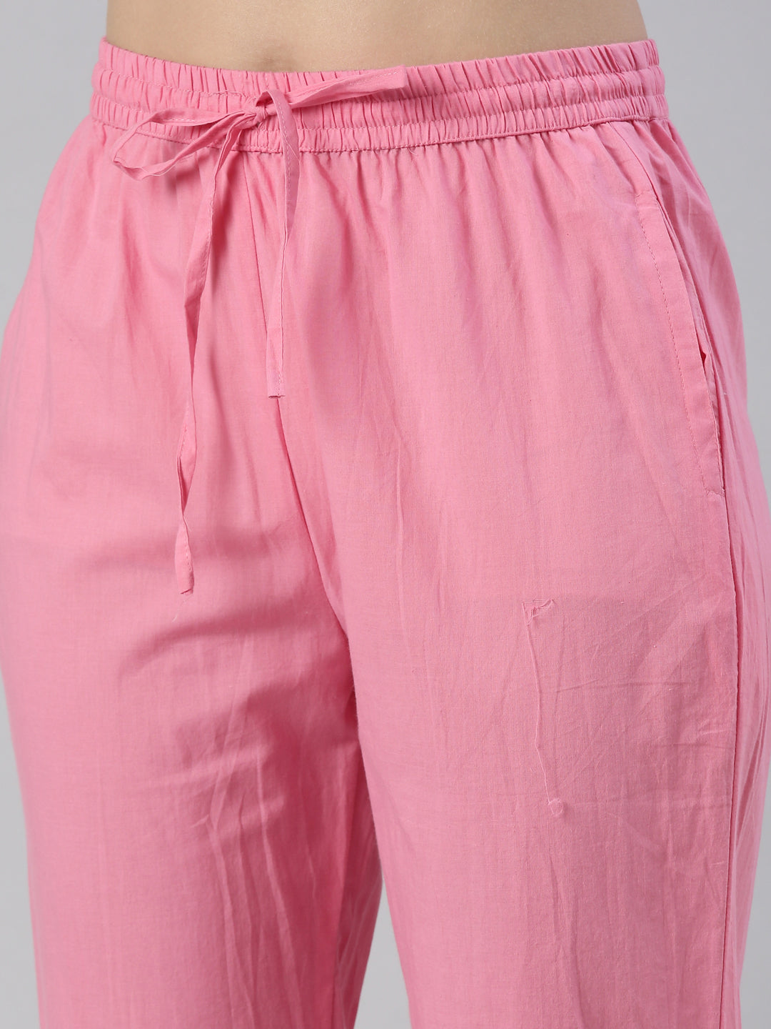 Neerus Pink cotton embroidered kurta set with trouser and dupatta - detail view 3