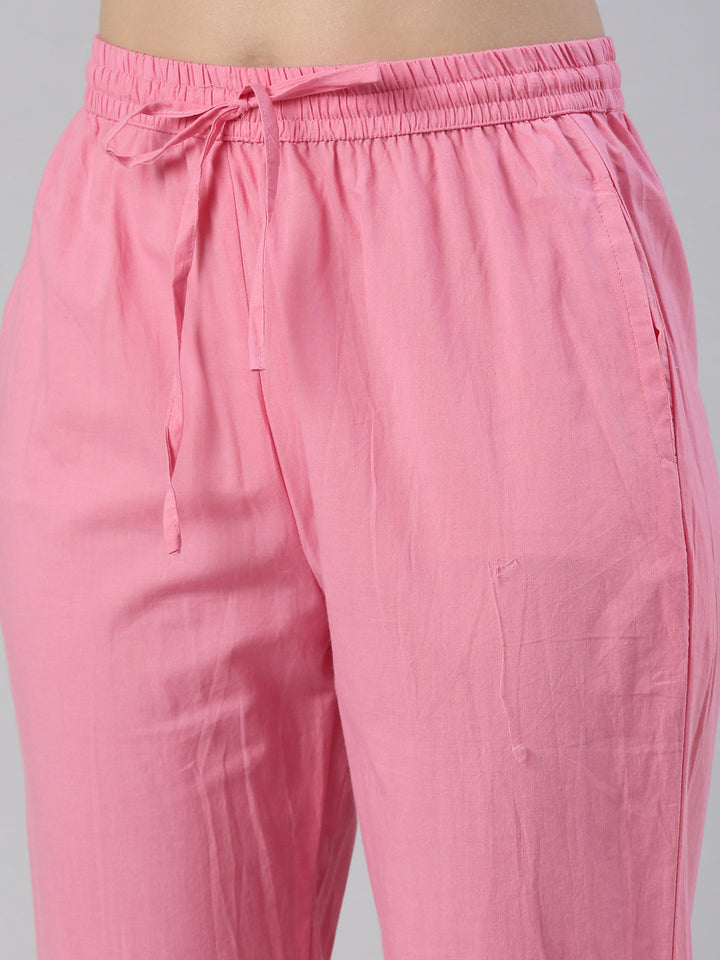 Neerus Pink cotton embroidered kurta set with trouser and dupatta - detail view 3