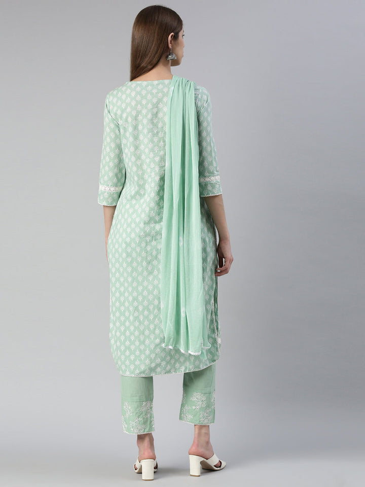 Neerus Green embroidered kurta set with trouser and dupatta - side view