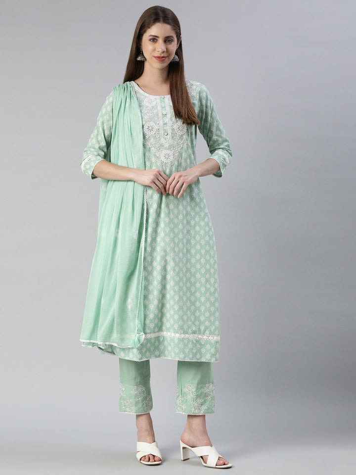 Neerus Green embroidered kurta set with trouser and dupatta - detail view 2