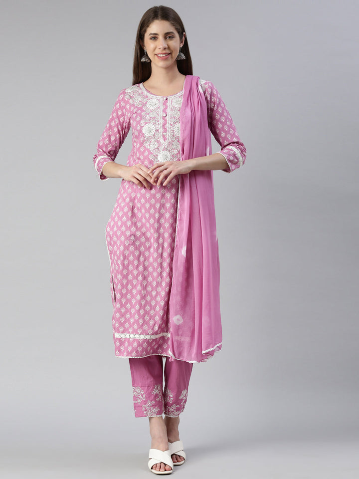 Neerus Purple embroidered kurta set with trouser and dupatta - front view