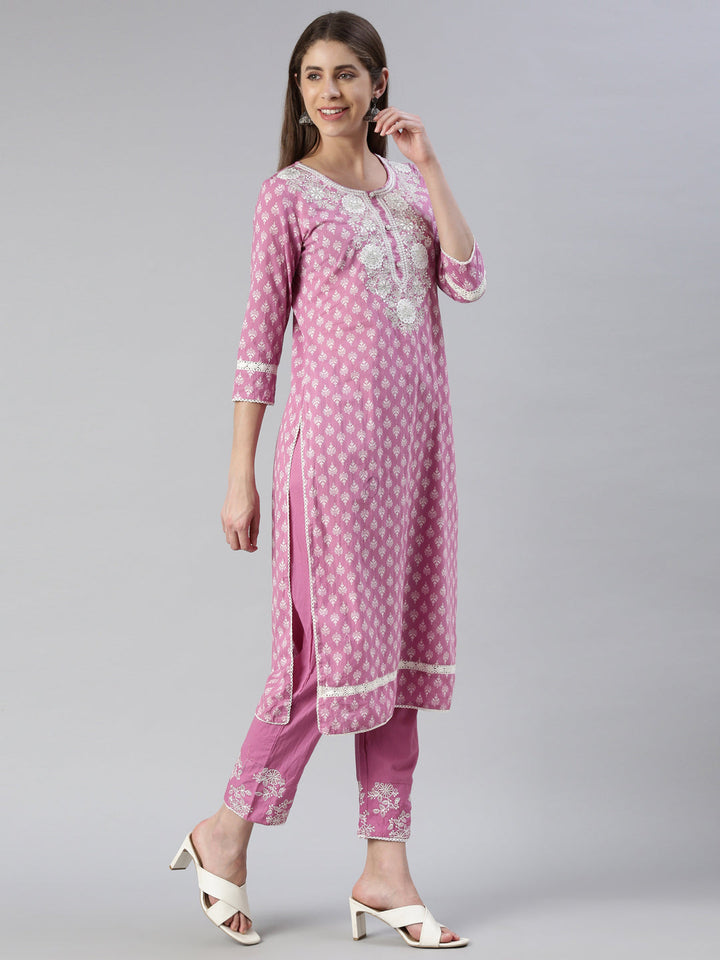 Neerus Purple embroidered kurta set with trouser and dupatta - back view