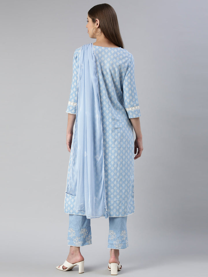 Neerus Blue embroidered kurta set with trouser and dupatta - side view