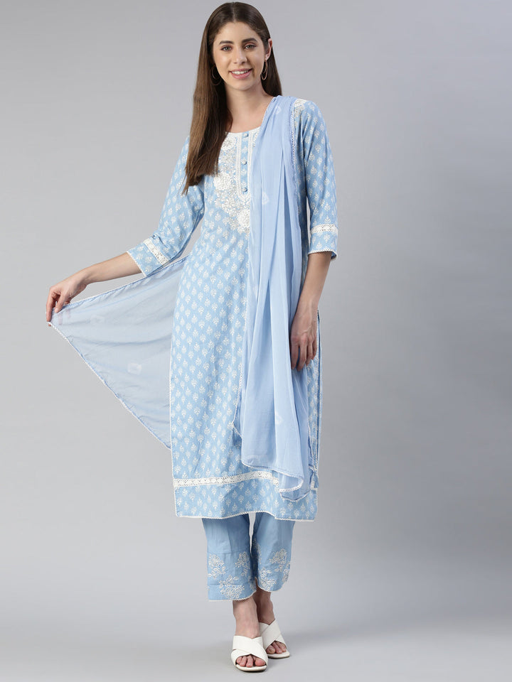 Neerus Blue embroidered kurta set with trouser and dupatta - detail view 2