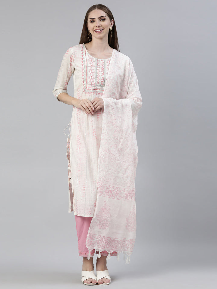 Neerus Pink cotton printed kurta set with trouser and dupatta - front view