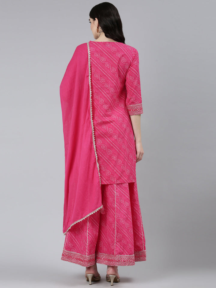 Neerus Pink Bandhani printed kurta set with palazzo and dupatta - side view