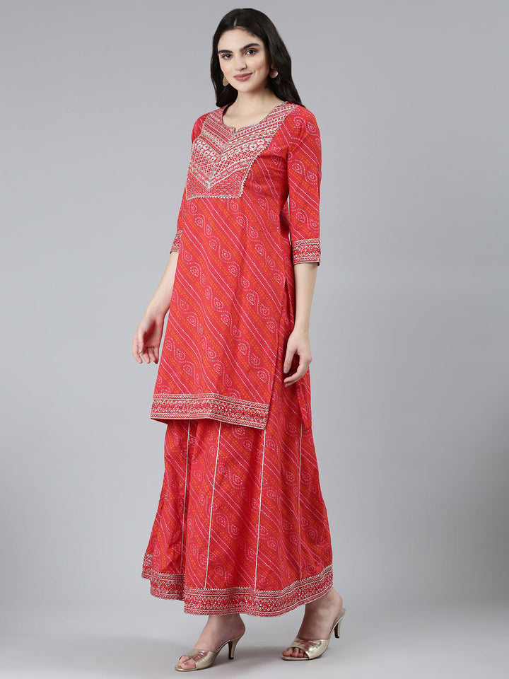 Neerus Red Bandhani printed kurta set with palazzo and dupatta - back view