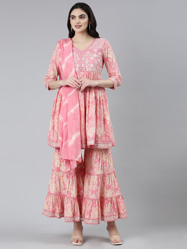Neerus Pink floral printed kurta set with sharara - front view