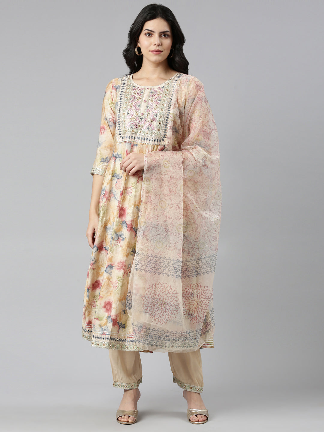 Neerus Beige printed straight kurta set with dupatta - front view