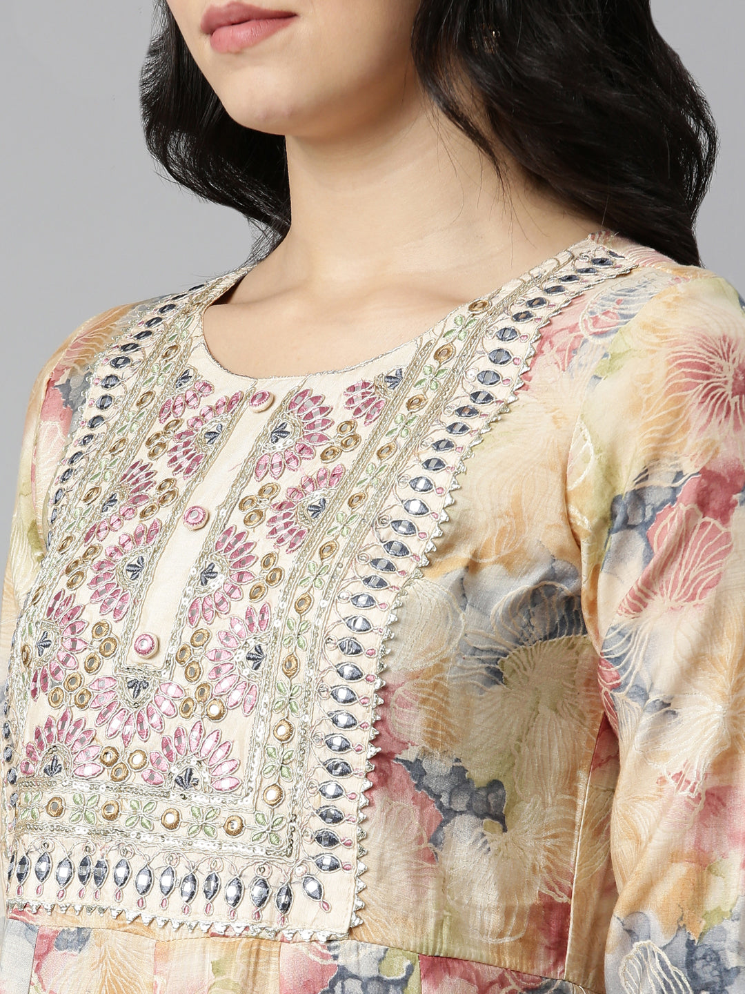 Neerus Beige printed straight kurta set with dupatta - detail view 1