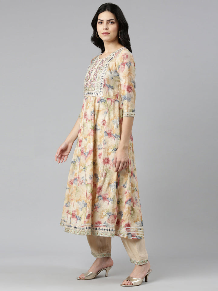 Neerus Beige printed straight kurta set with dupatta - back view