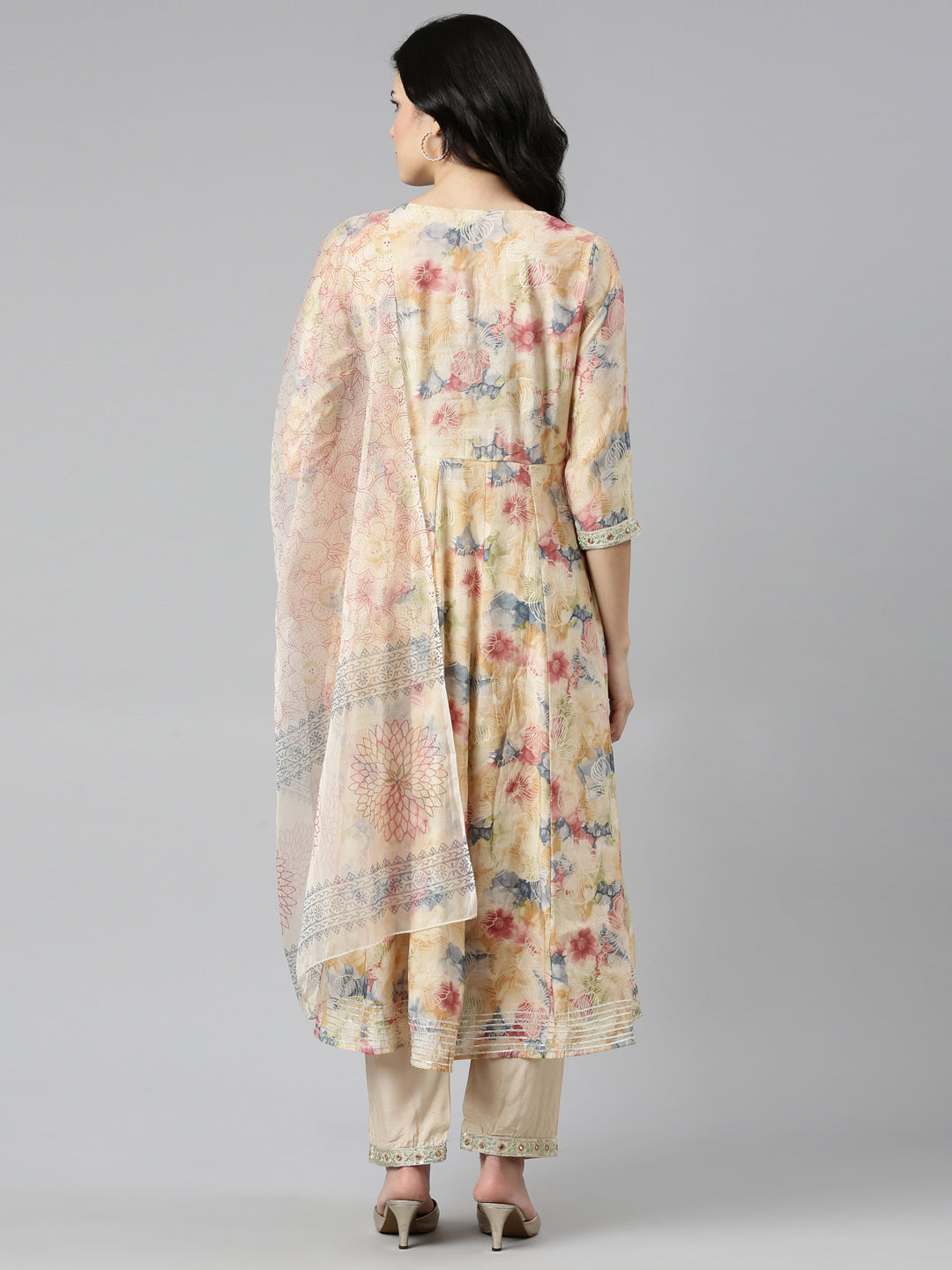 Neerus Beige printed straight kurta set with dupatta - side view