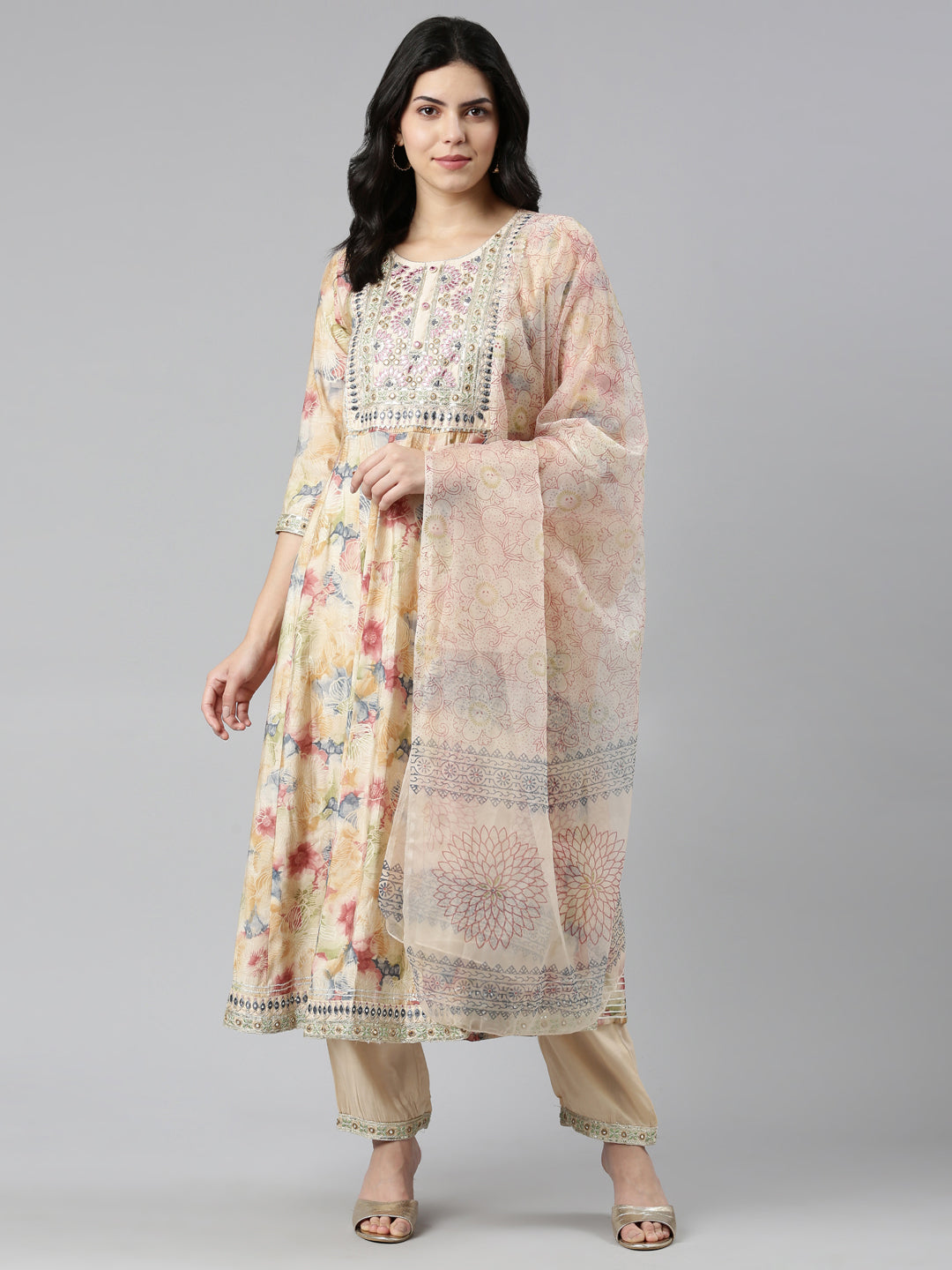 Neerus Beige printed straight kurta set with dupatta - detail view 2