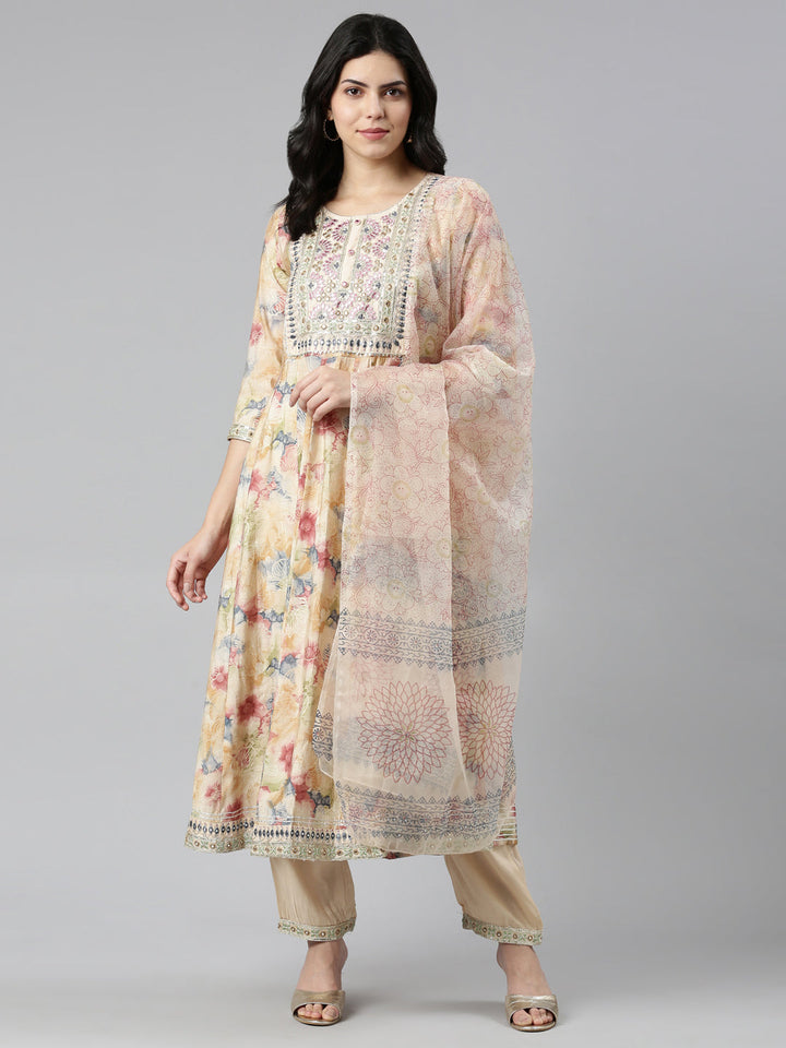 Neerus Beige printed straight kurta set with dupatta - detail view 2