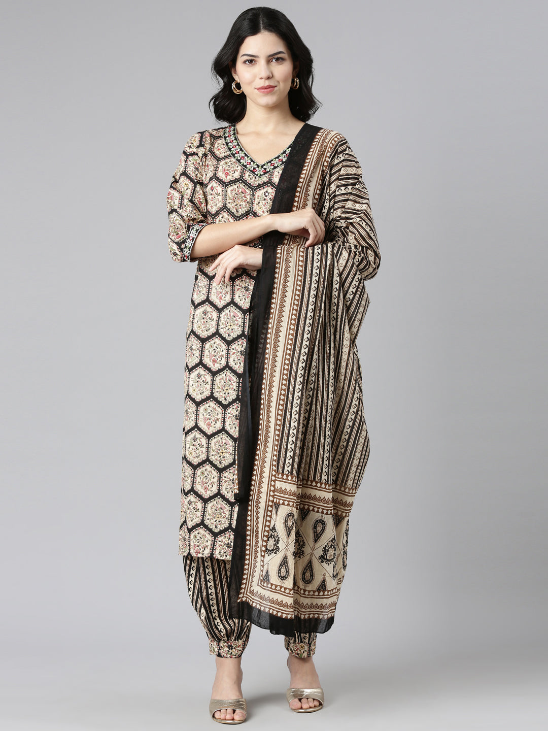 Neerus Black cotton printed kurta set with salwar and dupatta - front view