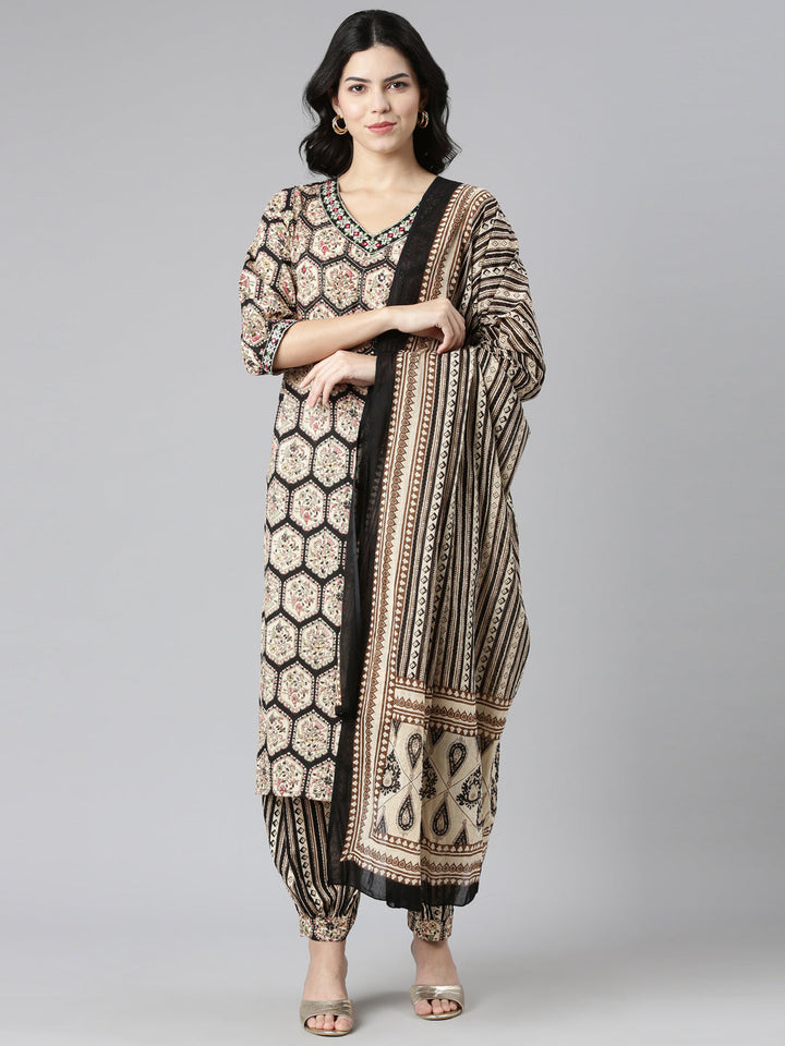 Neerus Black cotton printed kurta set with salwar and dupatta - front view