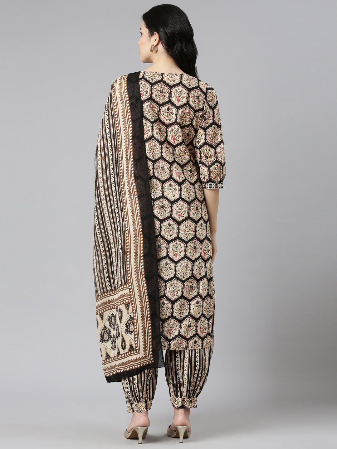 Neerus Black cotton printed kurta set with salwar and dupatta - side view