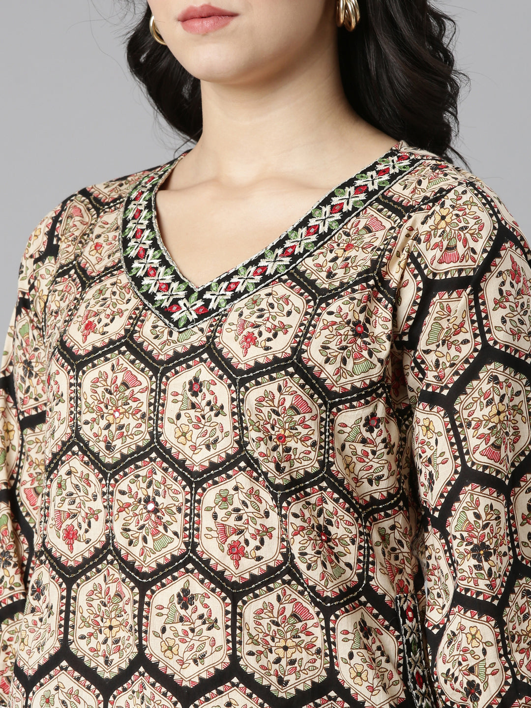 Neerus Black cotton printed kurta set with salwar and dupatta - detail view 1
