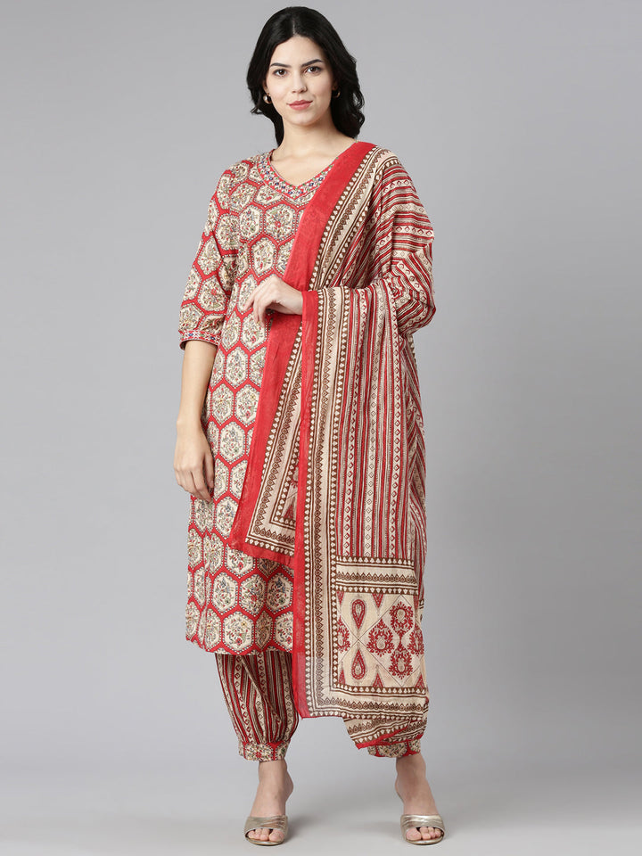 Neerus Red cotton printed kurta set with salwar and dupatta - front view