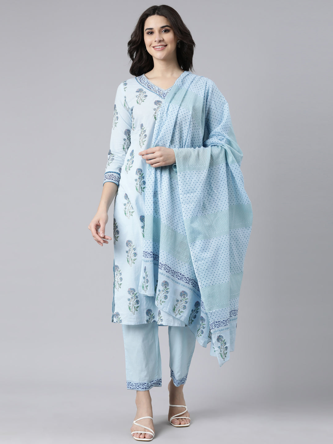 Neerus Blue floral printed straight suit set - front view