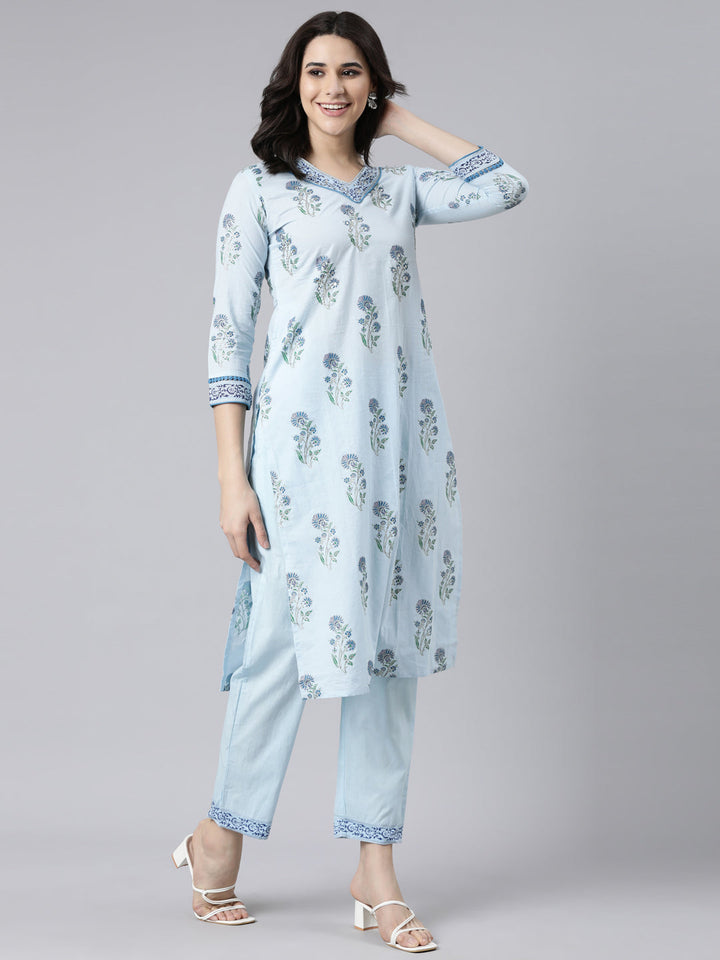 Neerus Blue floral printed straight suit set - back view