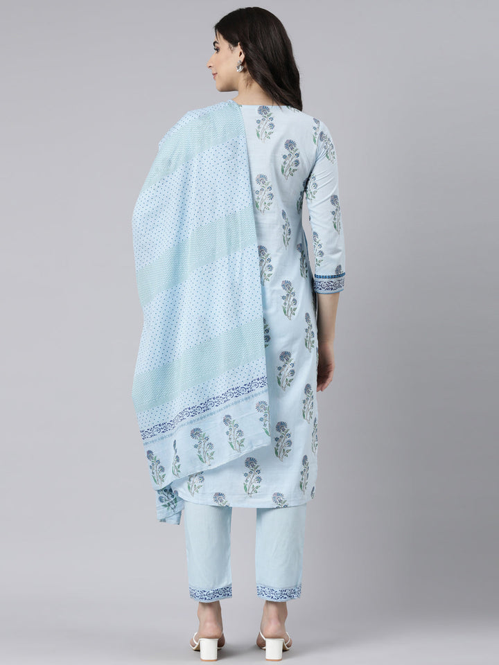 Neerus Blue floral printed straight suit set - side view