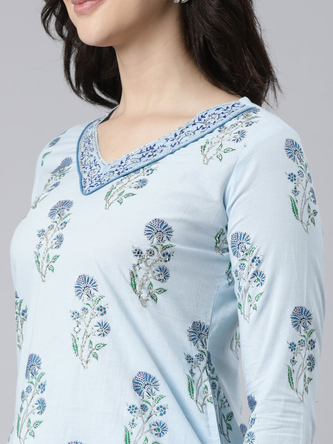 Neerus Blue floral printed straight suit set - detail view 1