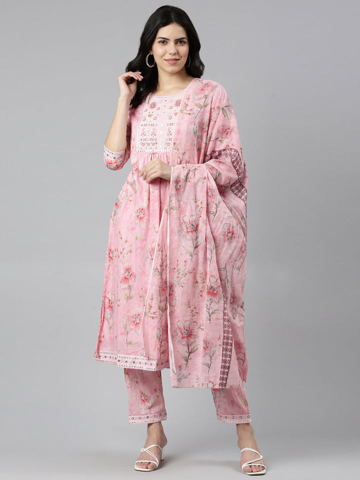 Neerus Pink cotton printed kurta set with trouser and dupatta - detail view 2