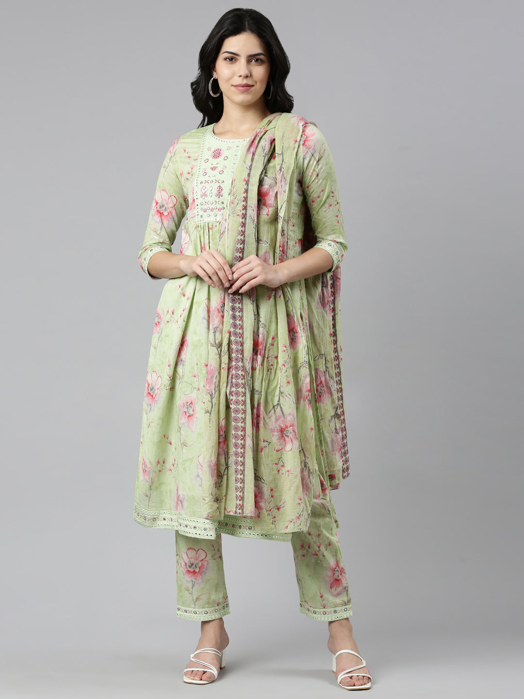 Neerus Green printed straight kurta set with dupatta - front view