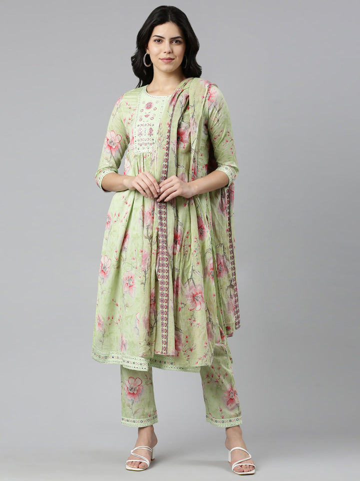 Neerus Green printed straight kurta set with dupatta - front view