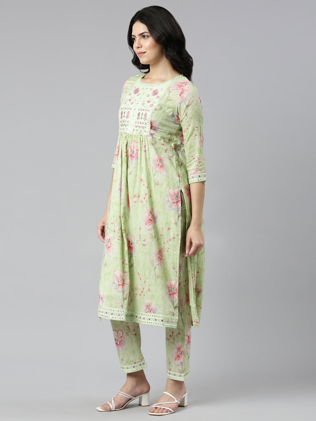 Neerus Green printed straight kurta set with dupatta - back view
