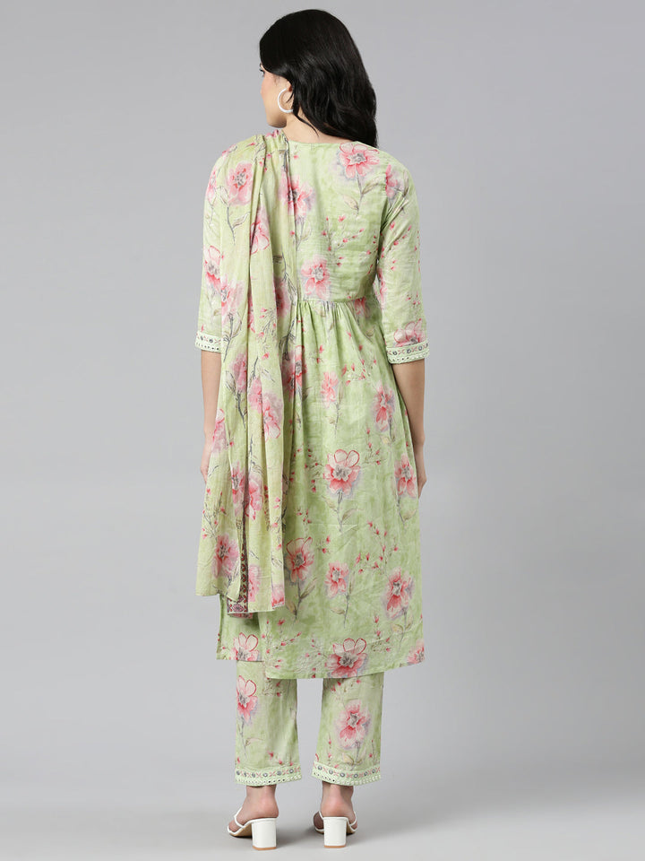 Neerus Green printed straight kurta set with dupatta - side view
