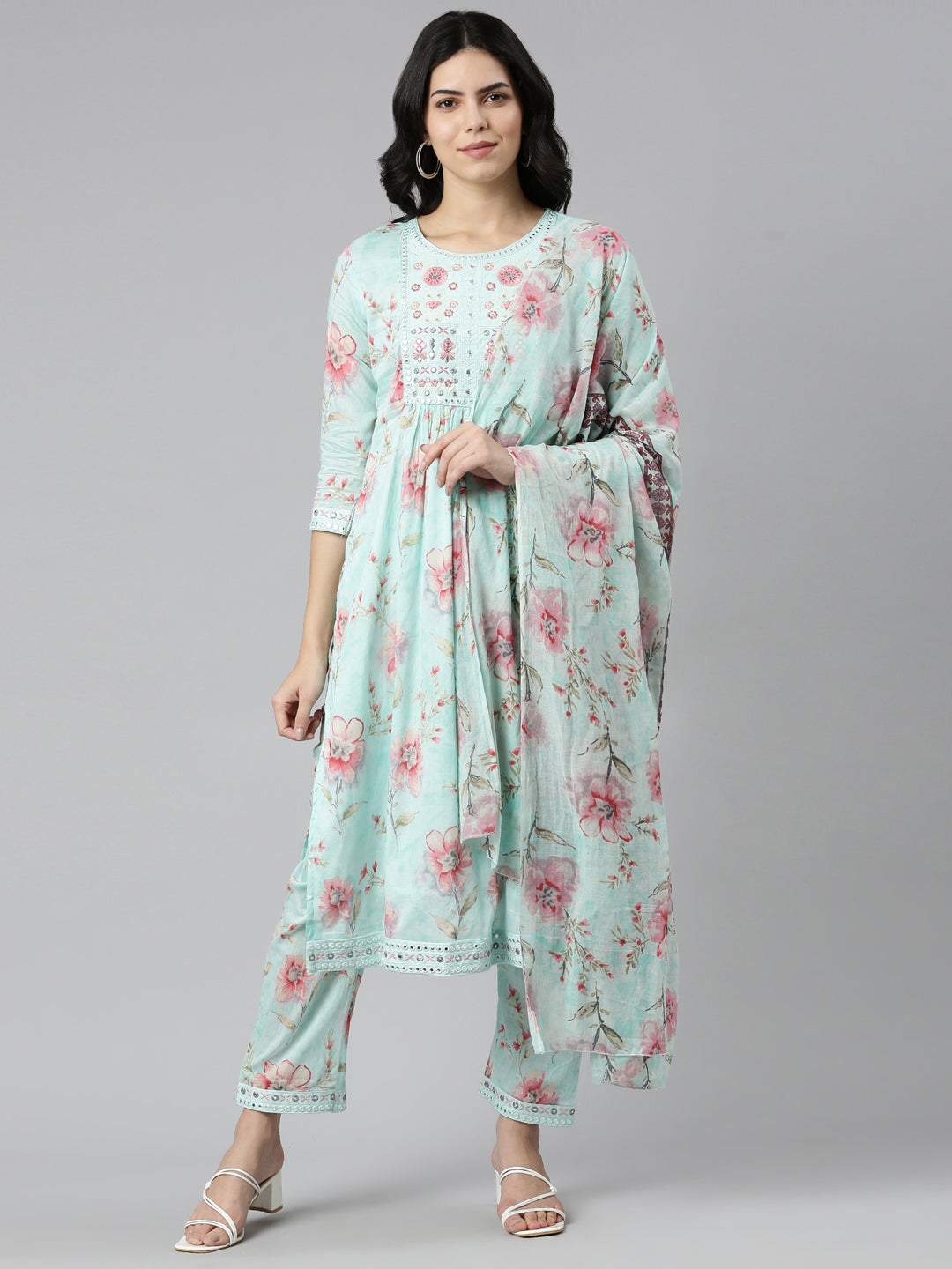 Neerus Green printed straight kurta set with dupatta - front view