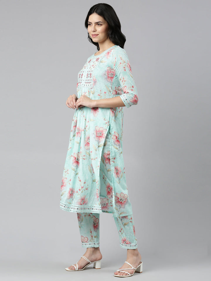 Neerus Green printed straight kurta set with dupatta - back view