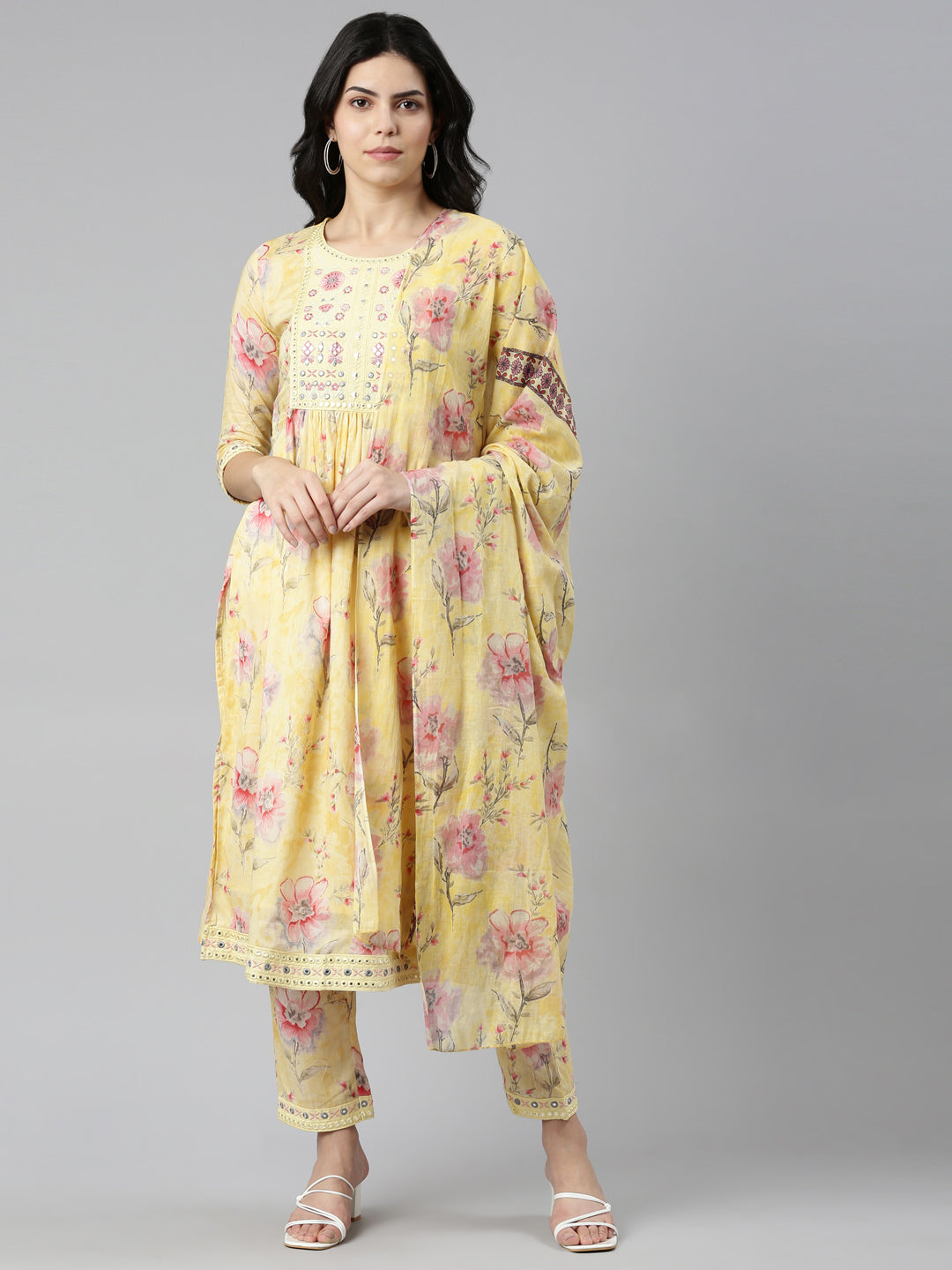 Neerus Yellow cotton printed kurta set with trouser and dupatta - front view