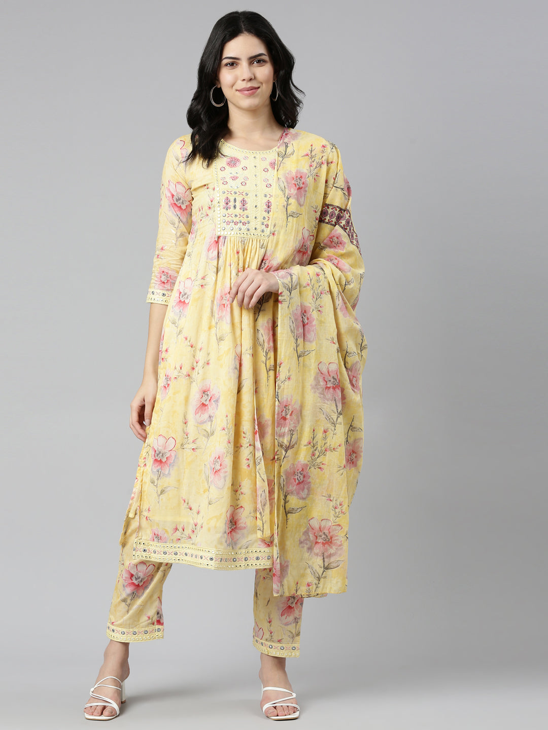 Neerus Yellow cotton printed kurta set with trouser and dupatta - detail view 2