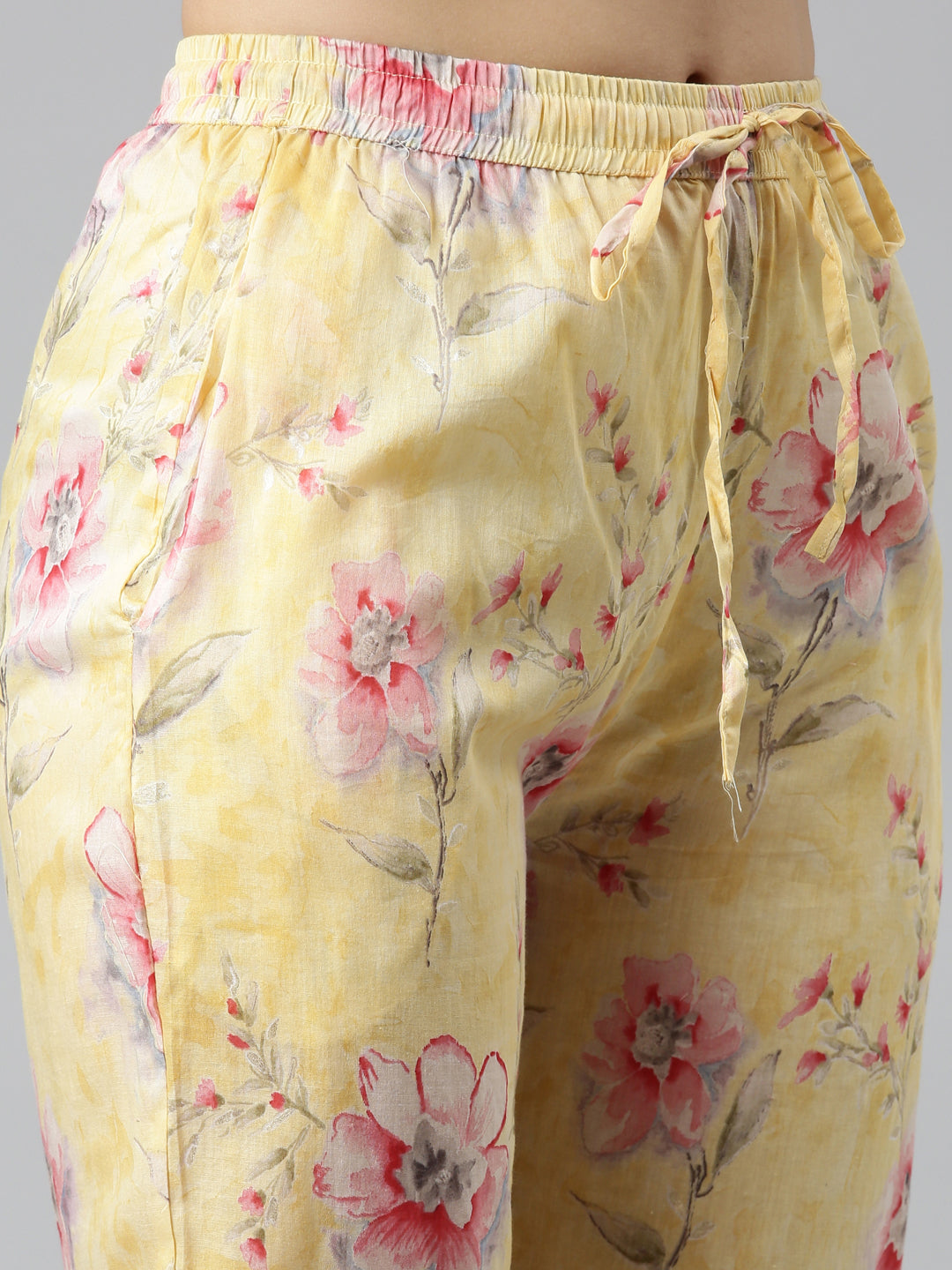 Neerus Yellow cotton printed kurta set with trouser and dupatta - detail view 3
