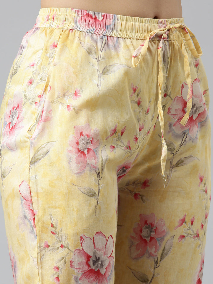 Neerus Yellow cotton printed kurta set with trouser and dupatta - detail view 3