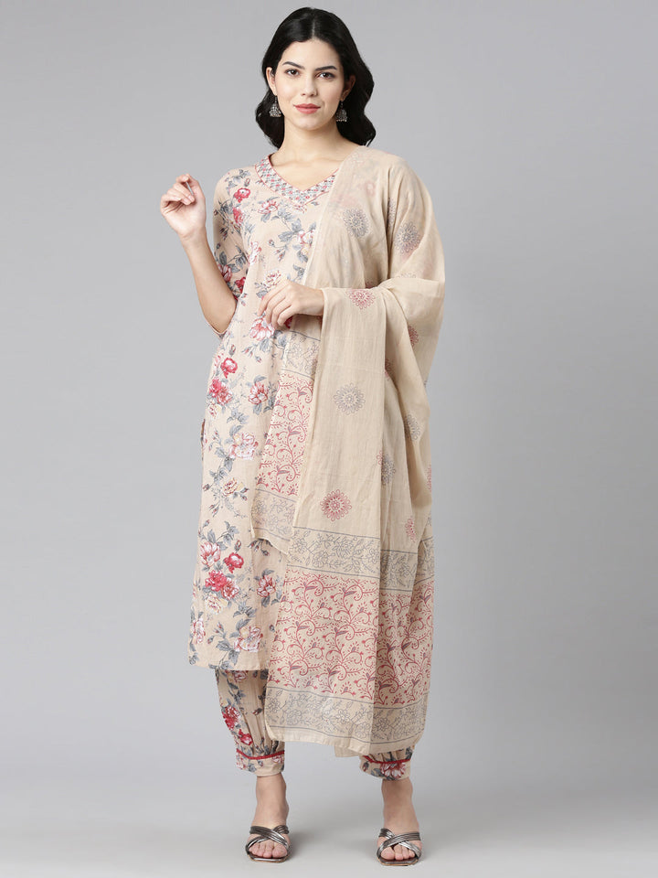 Neerus Beige printed straight kurta set with dupatta - front view