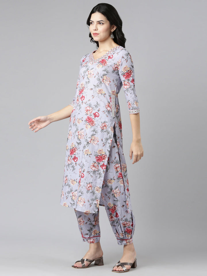 Neerus Grey printed straight kurta set with salwar and dupatta - back view