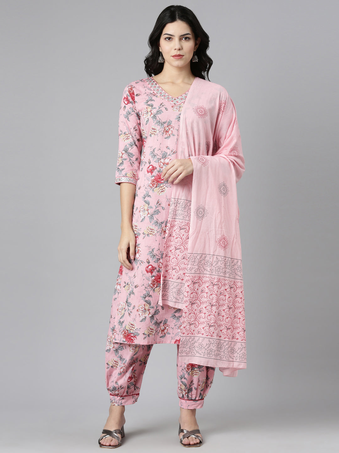 Neerus Pink printed straight kurta set with dupatta - front view