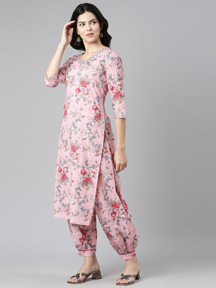 Neerus Pink printed straight kurta set with dupatta - back view