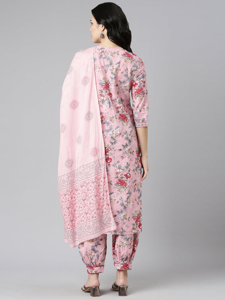 Neerus Pink printed straight kurta set with dupatta - side view