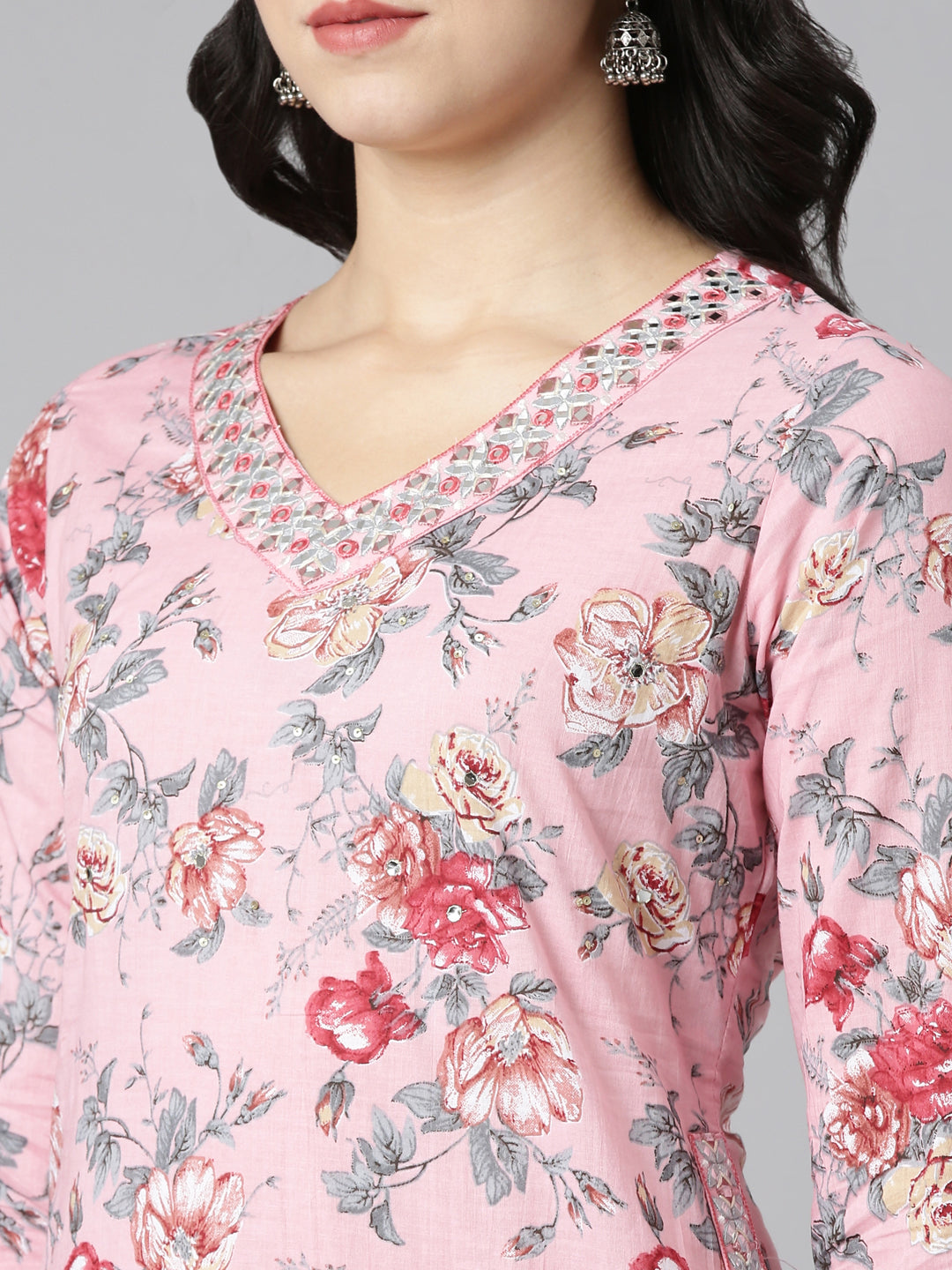 Neerus Pink printed straight kurta set with dupatta - detail view 1